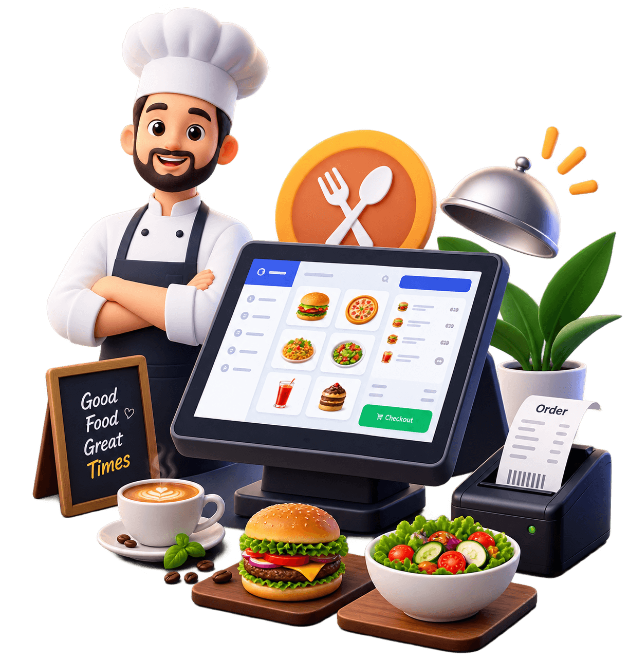 TableSync POS running on a tablet, with a chef and a receipt printer